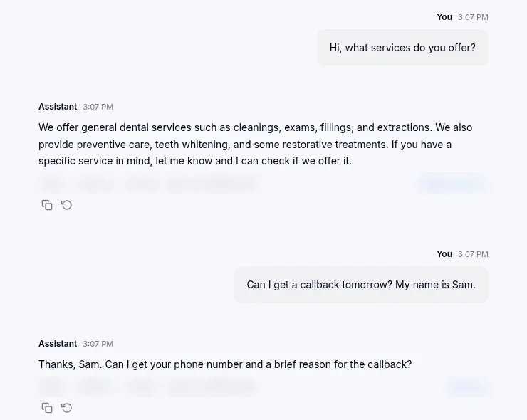 Assistable Chat Lab: a demo dental receptionist answers a services question, then asks a caller named Sam for a phone number and reason for the callback.