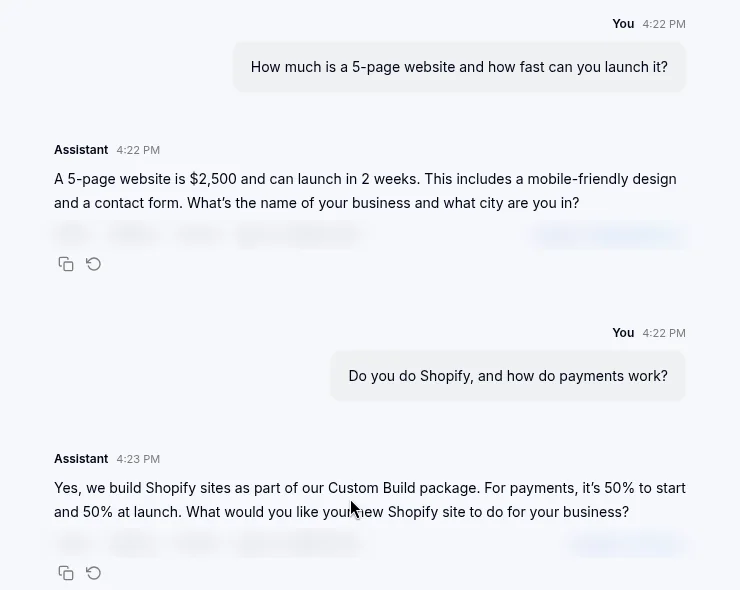 Assistable Chat Lab: an assistant answers pricing, timeline and Shopify questions from its knowledge base.